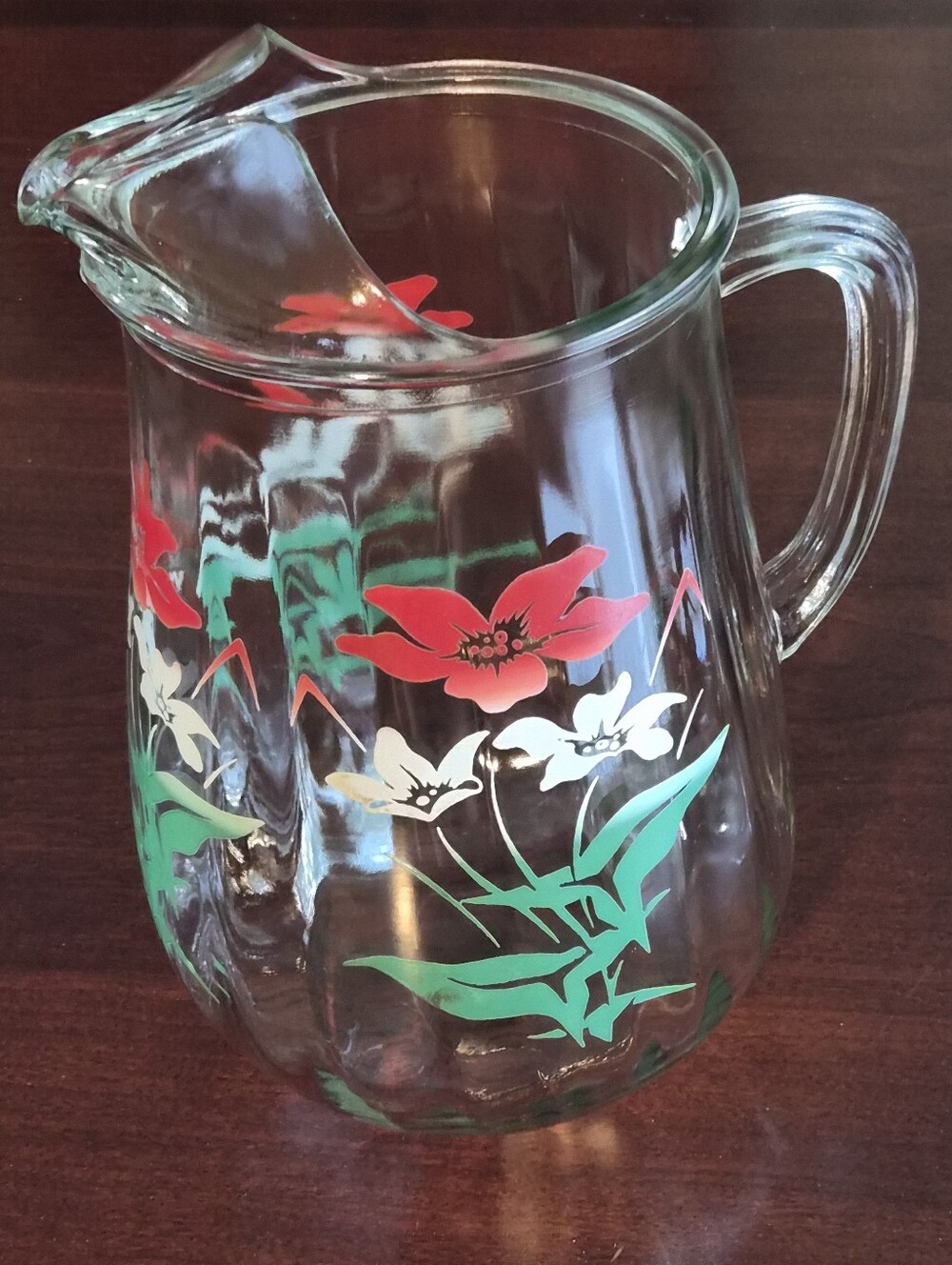 Mid Century GlassPitcher 64 Oz Red, White Flowers w/Green ANCHOR HOCKING 1950's